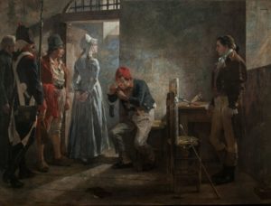 Charlotte Corday being escorted to her execution, by Arturo Michelena (1889). The warden carries the red blouse which will be worn by Corday and the painter Hauer stands at the right.